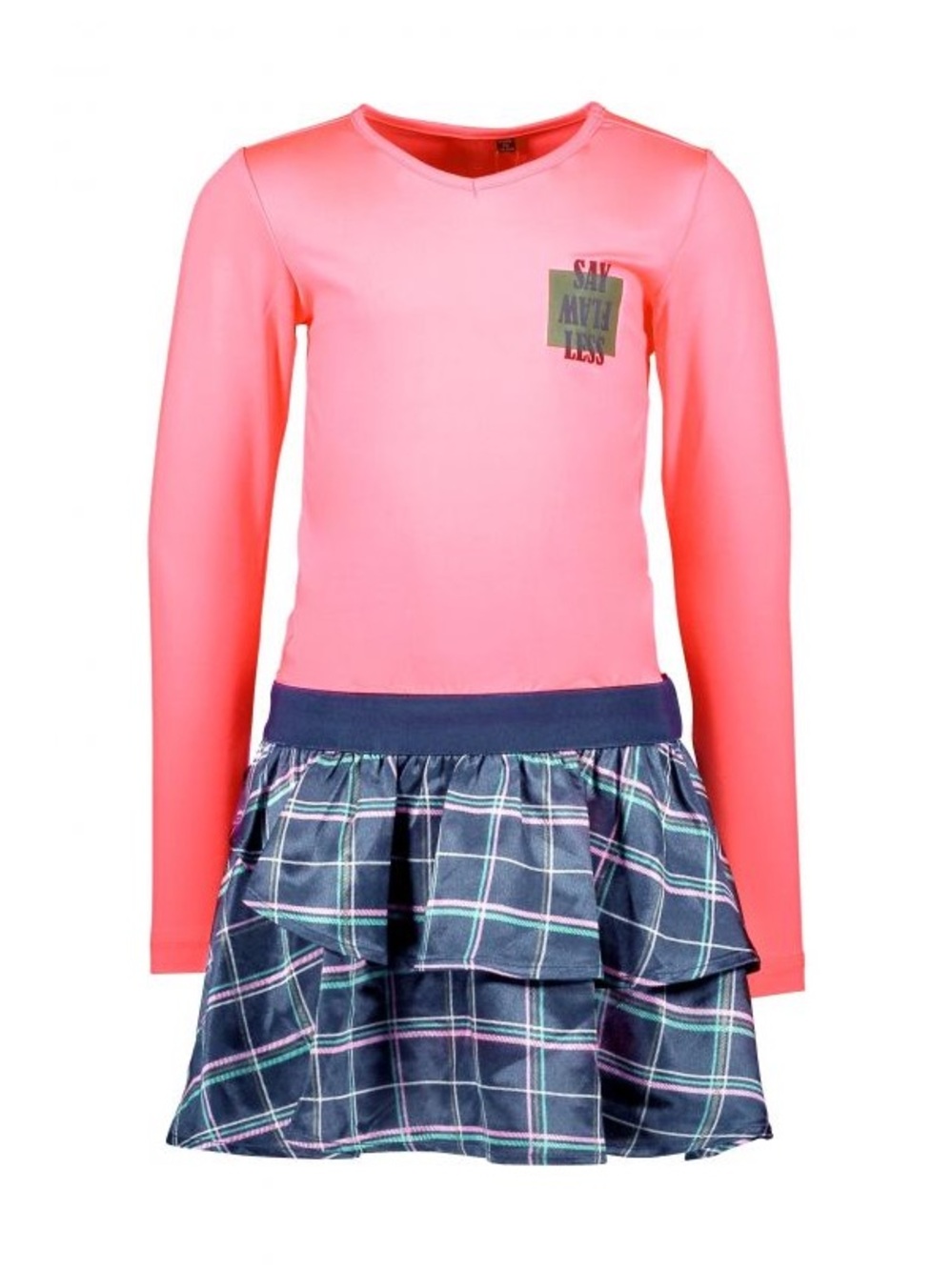Coral Pink Long Sleeve Top with Navy Plaid Ruffle Skirt
